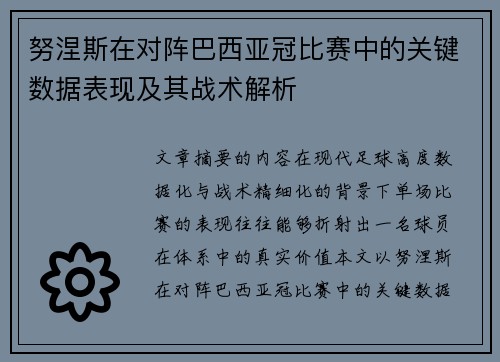 努涅斯在对阵巴西亚冠比赛中的关键数据表现及其战术解析