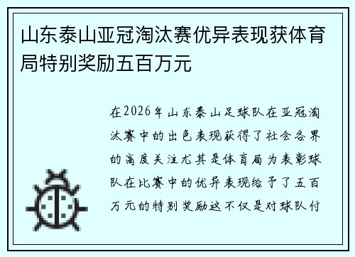 山东泰山亚冠淘汰赛优异表现获体育局特别奖励五百万元
